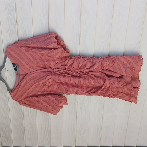 Lulu's Dusty Rose Dress-Ruched-Asymmetrical - Picture 6 of 7